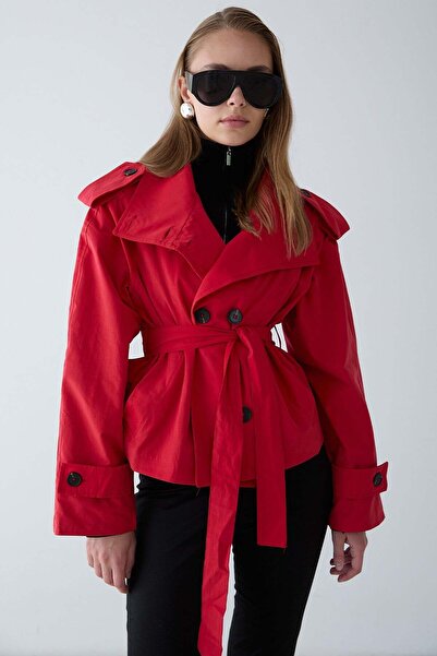 Olcay Oversized Short Trench Coat with Stand Collar and Epaulet Detail Red 6934