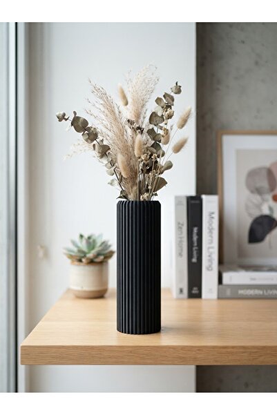 echer studio Zen Dikey Oluklu Vazo - Mat Siyah - 3D Baskı Minimalist Dekoratif Vazo