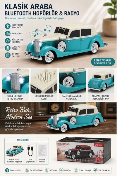 Buffer ® Retro Klasik Araba Bluetooth Hoparlör, Işıklı Nostaljik Radyo, Yuvarlak Far Detaylı Kablosuz