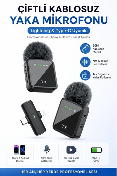 Buffer ® 2'li Kablosuz Yaka Mikrofonu, Lightning ve Type-C Uyumlu Gürültü Azaltmalı Telefon Mikrofon