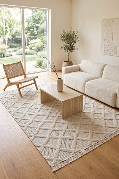 Raschel Carpet Bej Mystic Serisi Uzun Püsküllü Pamuk Tabanlı Modern Halı Yoll...