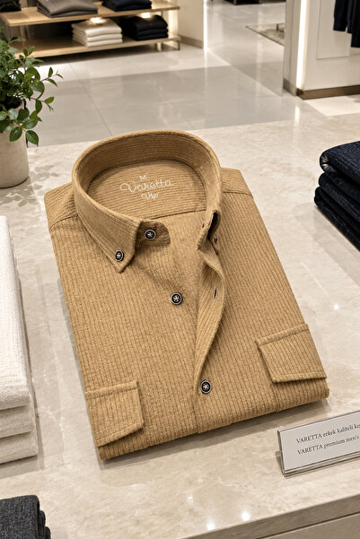 Varetta Men's Tan Velvet Shirt Lycra Corduroy Double Pocket Long Sleeve Jacke...