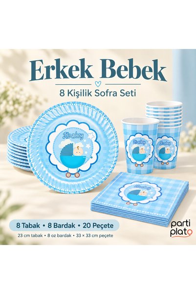 Parti Plato Erkek Bebek Mavi Baby Shower Sofra Seti 8 Kişilik 8 Tabak 8 Barda...