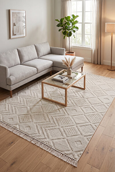 Raschel Carpet Bej Mystic Serisi Uzun Püsküllü Pamuk Tabanlı Modern Halı Yoll...