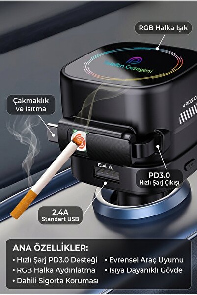 Mmctech 4 in1 arada 45W PD Katlanabilir Araç Şarj Cihazı, Hızlı Şarj, Ortam Işıkları, Güvenlik Çekici, 17Air için Geri Çekilebilir Kablo ve Çakmaklık