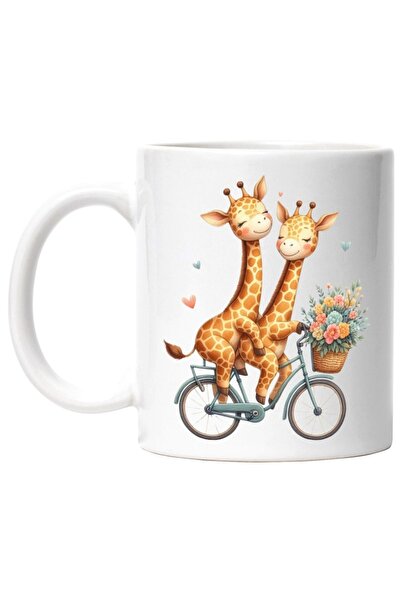 INOVATIX Cana alba personalizata,2 girafe care se plimba cu bicicleta, ,cosul...