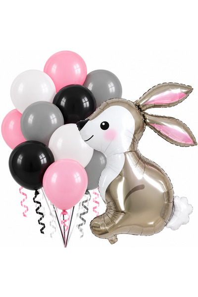 genaja Set balon folie iepure + 10 baloane latex alb roz gri negru, decor pet...