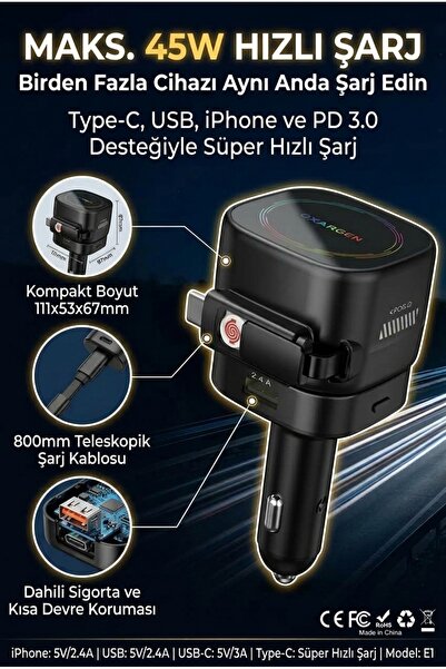 Mmctech 4 in1 arada 45W PD Katlanabilir Araç Şarj Cihazı, Hızlı Şarj, Ortam Işıkları, Güvenlik Çekici, 17Air için Geri Çekilebilir Kablo ve Çakmaklık
