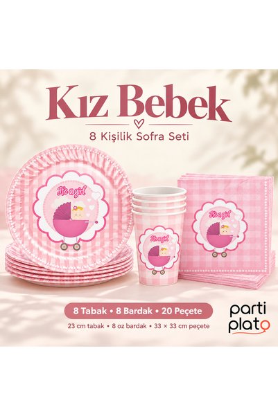 Parti Plato Kız Bebek Pembe Baby Shower Sofra Seti 8 Kişilik 8 Tabak 8 Bardak...