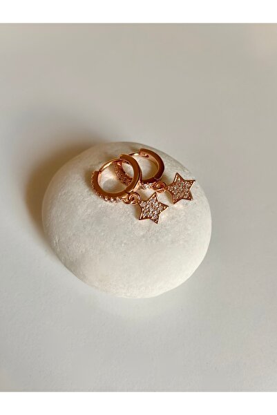 316l Çelik Rose Gold Rengi Yıldız Sallantılı Zirkon Taşlı Küçük Halka Küpe