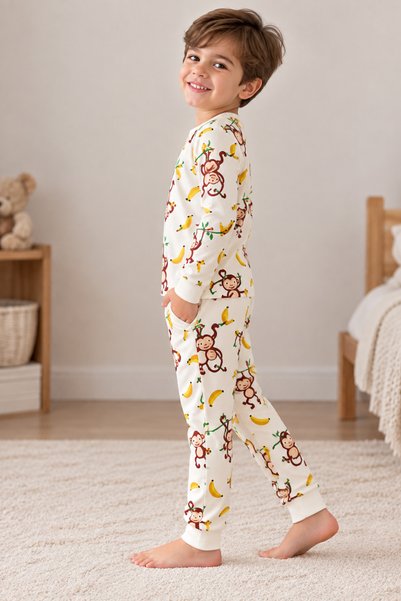 Erkek Çocuk Maymun Desenli Uzun Kollu Pijama Takımı