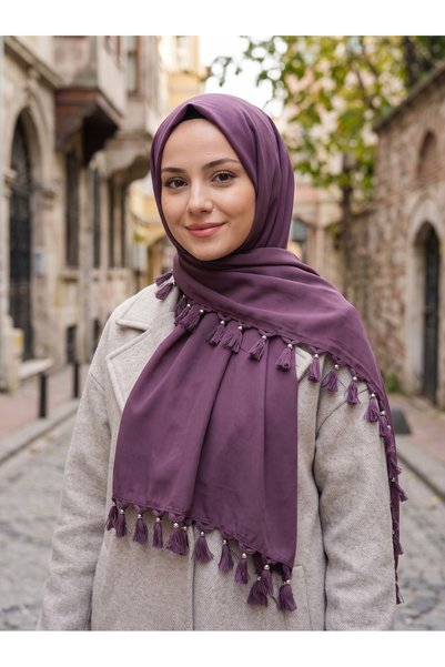 Pamuklu Boncuklu Püsküllü Kadın Yazma Eşarp 110x110 cm