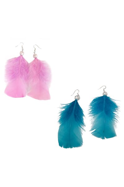 elegantwoman Set de 2 perechi de cercei boemi, cu pene, mov lila și turcoaz