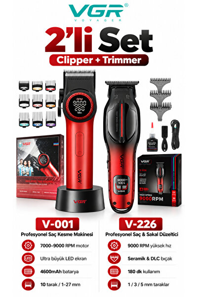 VGR V-001 V-226 2'li Berber Seti 9000 RPM DLC Trimmer Saç Clipper Kırmızı