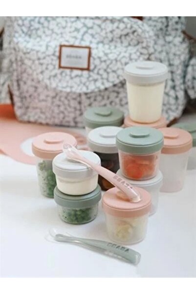 12li Saklama Kabı ve 2 Silikon Kaşık Seti Pink and Grey Lids Ek Gıda Mama Kavanozu