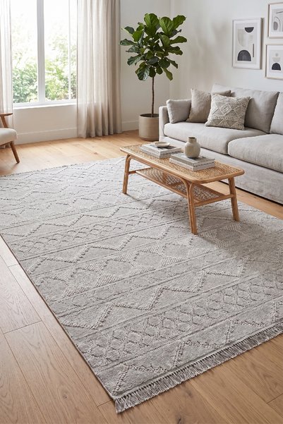 Raschel Carpet Gri Mystic Serisi Uzun Püsküllü Pamuk Tabanlı Modern Halı Yoll...