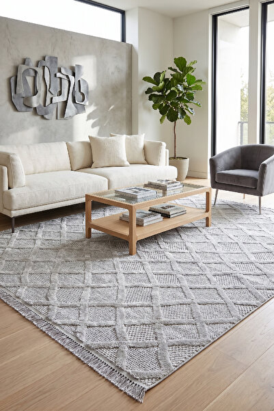 Raschel Carpet Gri Mystic Serisi Uzun Püsküllü Pamuk Tabanlı Modern Halı Yoll...