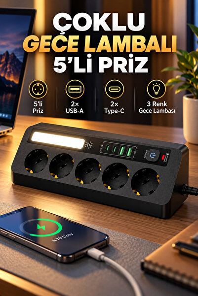 MATECHNO 5'li Topraklı Çoklu Priz 2500W | 2 USB + 2 Type-C Hızlı Şarj | Dokun...