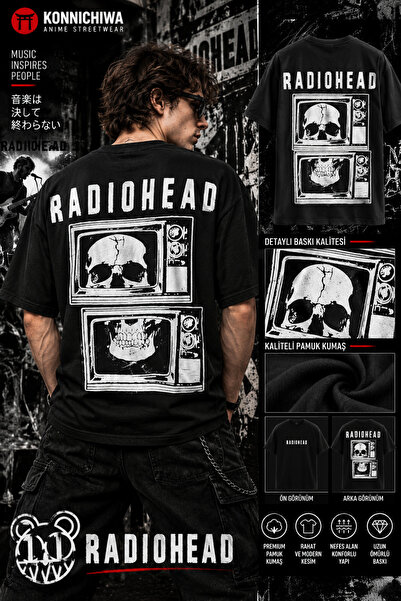 FG KONNİCHİWA Μπλουζάκι Radiohead – Μαύρο μπλουζάκι μουσικής με στάμπα Skull ...