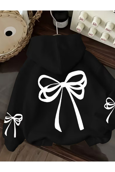 one button Unisex Λευκό Φούτερ με Φιόγκο και Στάμπα, Premium με Κουκούλα, 2 Κ...