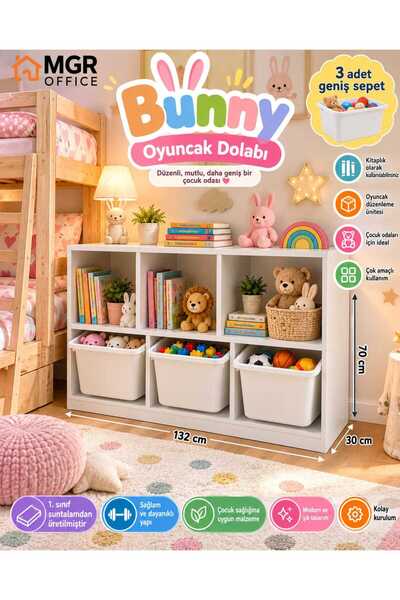 Mgr Office Bunny 3 Sepetli Oyuncak Dolabı Çocuk Odası Kitaplık Çok Amaçlı Oyu...