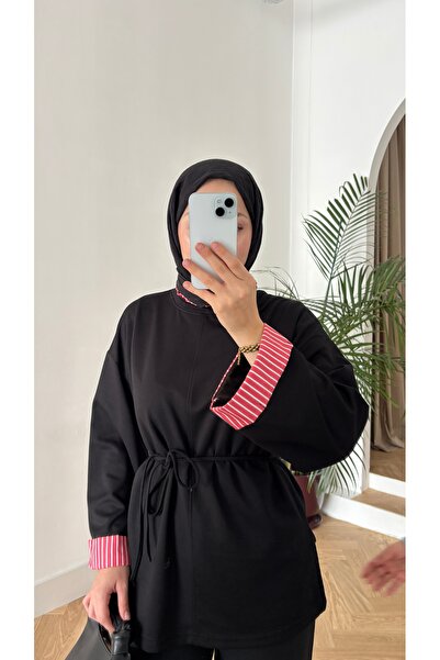 QUWİQ Kadın Çizgili Yaka ve Manşet Detaylı Bel Bağlamalı Tesettür Tunik