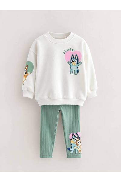 Bluey Model %100 Pamuklu Sweatshirt ve Beli Lastikli Yeşil Taytlı Alt Üst Kız Çocuk Takım