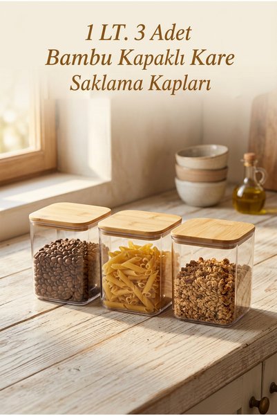 Nandy Home 3’lü 1 L Bambu Kapaklı Kare Saklama Kabı Seti Şeffaf Mutfak Erzak ...