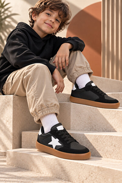 Tonny Black Unisex Siyah Beyaz Termo Taban Rahat Kalıp Bağcıklı Sneaker