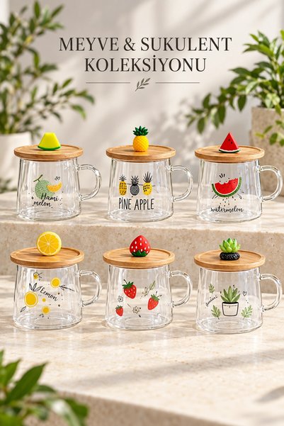 Tilbe Home 2li Bambu Kapaklı Limon Meyve Figürlü Cam Bardak Baskılı Meşrubat Kupası Çay Bardağı 280 ml.