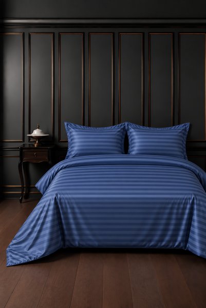 remtex 100% Cotton Satin Striped Indigo Double Duvet Cover Set (83 Thread-125 Gsm)
