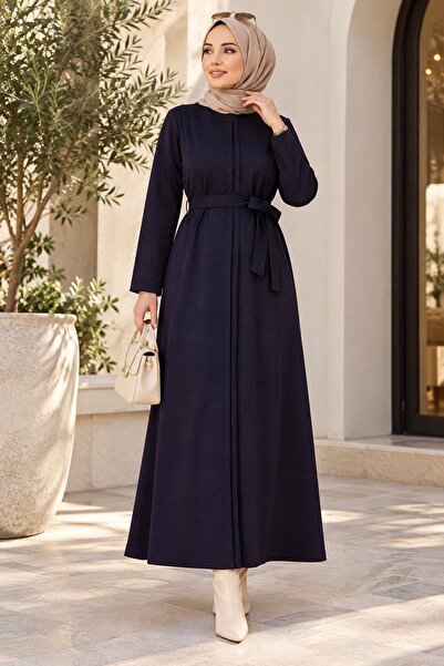 ASTEMİA Women's Belted Oysho Fabric Long Hijab Dress Sb0068