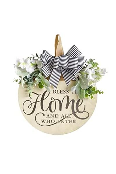 KASTWAVE Flowers Front Door Sign, Wooden Wreath Bless This Home Sign for Fron...