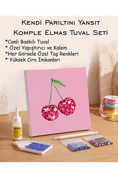 Toptan Elmas Mozaik Tuval Seti - Parlak Kiraz Desenli