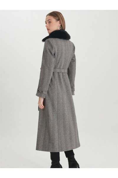 Zühre Women's Fur Detailed Double Breasted Collar Cashmere Mink Coat 13114