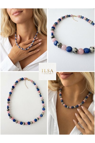 ILSA Pink Quartz Natural Stone Necklace - with Navy Blue Howlite and Dalmatian Jasper Beads |   Portofino
