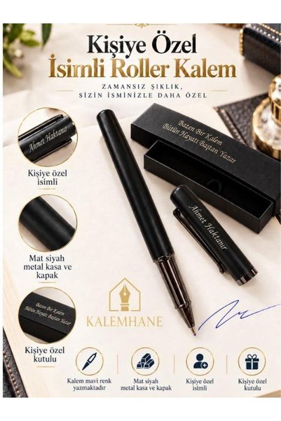 kalemhane Öğretmenler Günü Hediyesi Kişiye Özel İsimli Mat Siyah Roller Kalem – Özel Yazılı Hediyelik Kutulu