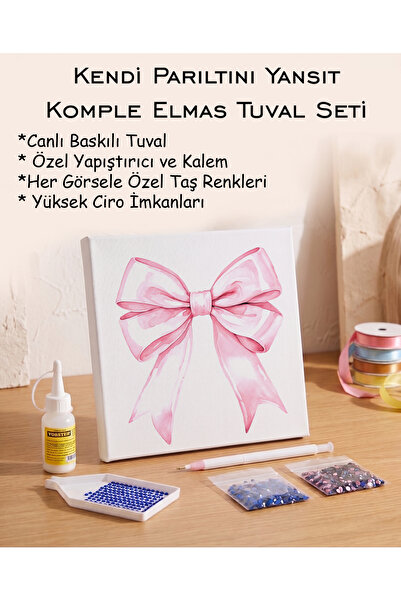 Toptan Elmas Mozaik Tuval Seti - Pembe Fiyonk Kurdele