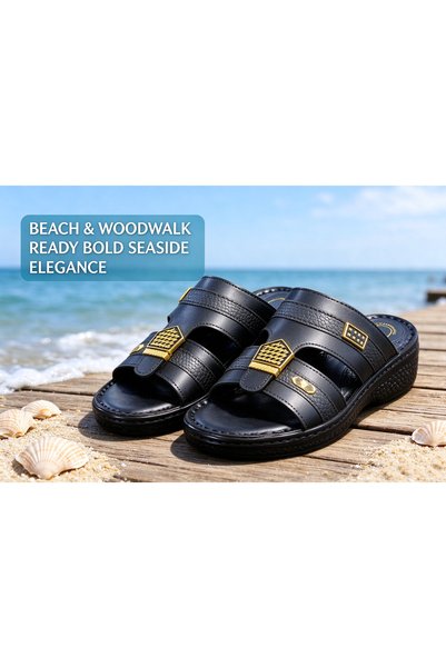 Huanhuan Shoe صنادل رجالية جديدة من الجلد الطبيعي، نعل سميك مضاد للانزلاق، شر...