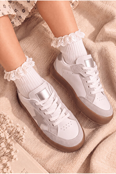 Tonny Black Unisex Beyaz Gümüş Termo Taban Rahat Kalıp Bağcıklı Sneaker