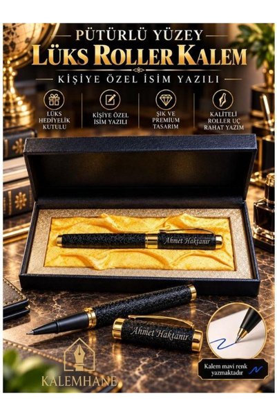 kalemhane Öğretmenler Günü Hediyesi Kişiye Özel İsimli Mat Siyah Roller Kalem – Özel Hediyelik Deri Lüks Kutulu
