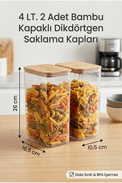 Nandy Home 2’li 4 L Bambu Kapaklı Dikdörtgen Saklama Kabı Erzak Düzenleyici