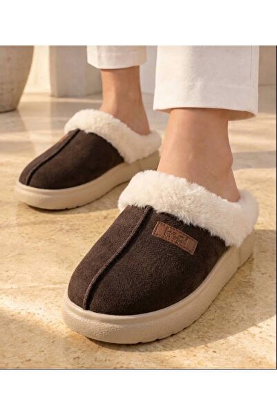Budaks Women's Brown Suede Fur Lined Thick Sole Winter Slippers 2810