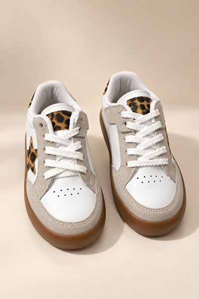 Tonny Black Unisex Beyaz Leopar Termo Taban Rahat Kalıp Bağcıklı Sneaker