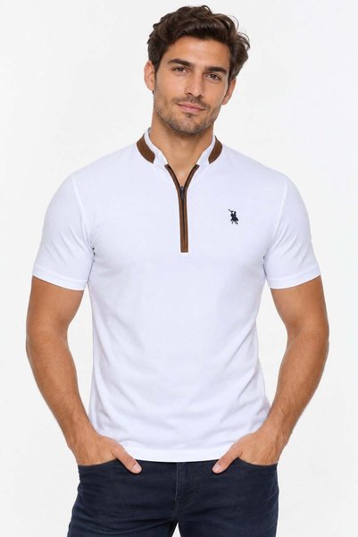 Dewberry Men's Zippered Cotton T-Shirt White Optical T9571