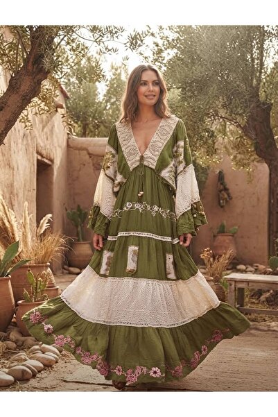 moda gk Boncuk/Nakış Detaylı Tasarım Üst Düzey Pamuk Bohem Elbise