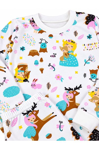 ALİŞ KİDS Girl's 100% Cotton White Color Deer Princess Girl Patterned Long Sleeve Pajama Set