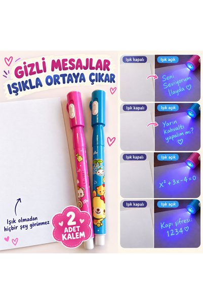 Airbrush Tattoo Görünmez Sevgili Kalemi UV Işıklı Kalem 2’li Set – Gizli Mesaj ve Sürpriz Not Kalemi