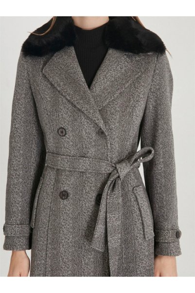 Zühre Women's Fur Detailed Double Breasted Collar Cashmere Mink Coat 13114