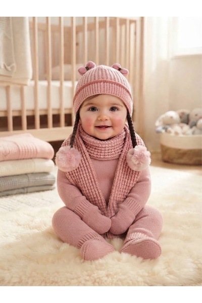 Kitti 0-18 Ay Kız Çocuk Bere İçi Astarlı Peluş Ponponlu Atkı Bere Eldiven-Toz...
